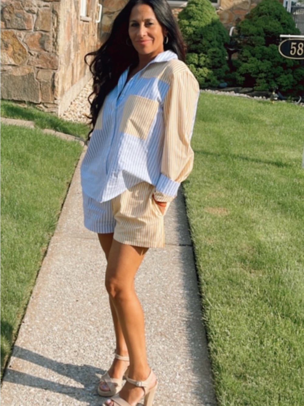 Womens Two-Tone Blue and Yellow Striped Short Set